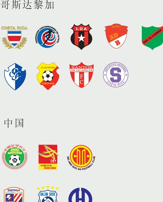 全球 足球 俱乐部 球队 标志 哥斯达黎加 中国 中国足球 世界杯 logo 足球标志 足球logo 俱乐部标志 盾 盾牌 标识标志图标 企业标志 企业logo 矢量图库 企业 矢量