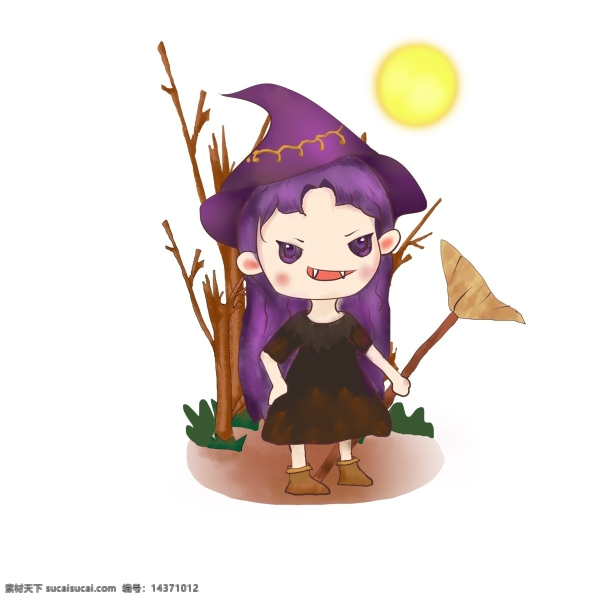 暗黑 系 紫色 小 女巫 商用 可爱 动漫 扫把