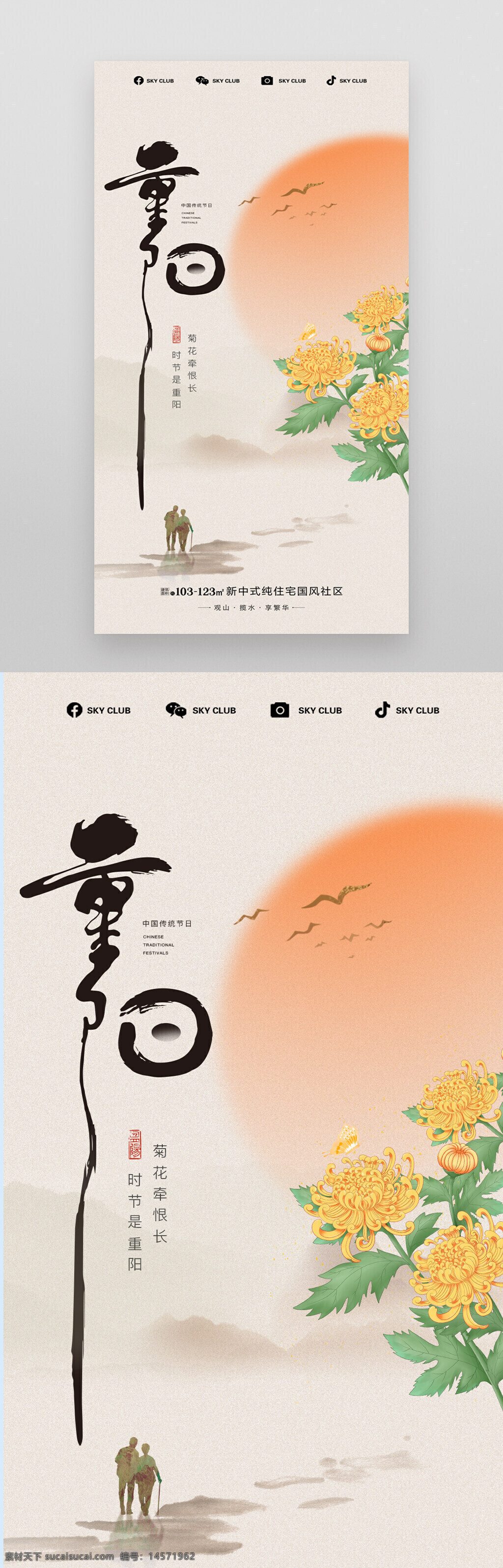 重阳节 菊花 老人 中式海报 节日宣传 太阳