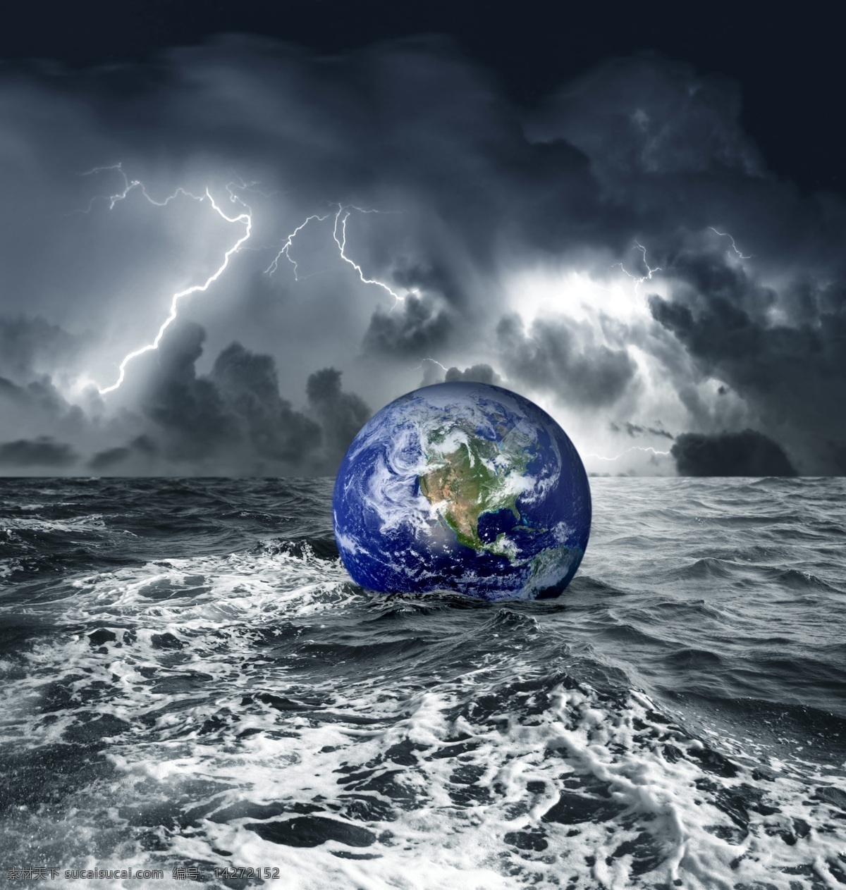 漂浮 大海 中 地球 保护地球 创意图片 高清图片 海水 环保 明 闪电 乌云