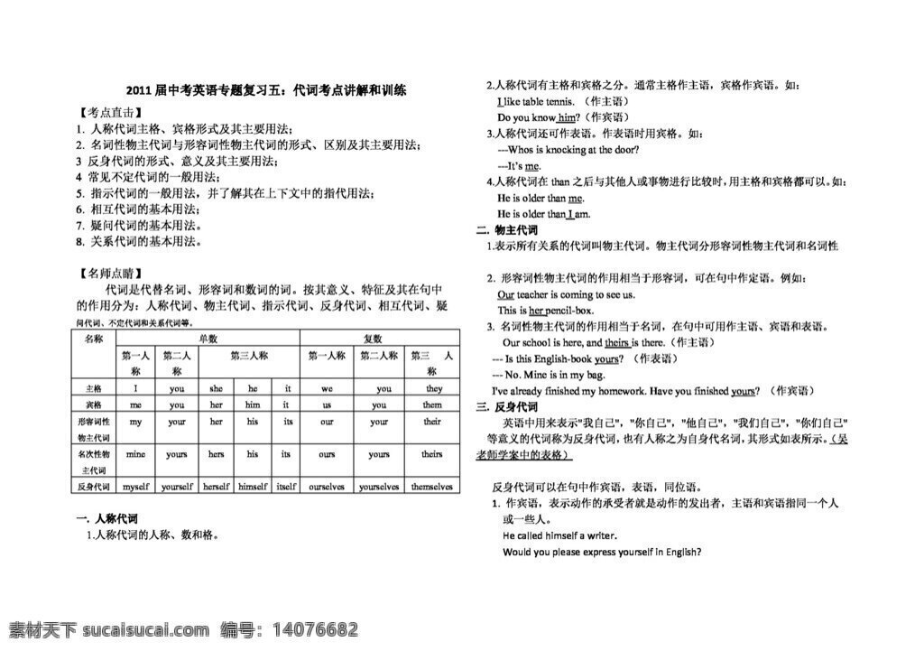 英语 新 目标 版 中考 专项 代词 考点 讲解 训练 学案 中考专区