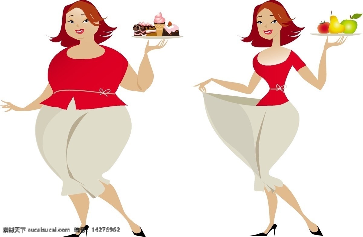 卡通 减肥 前后 对比 图 蛋糕 漫画 女人 胖 水果 瘦 减肥对比 甜食 矢量图 矢量人物