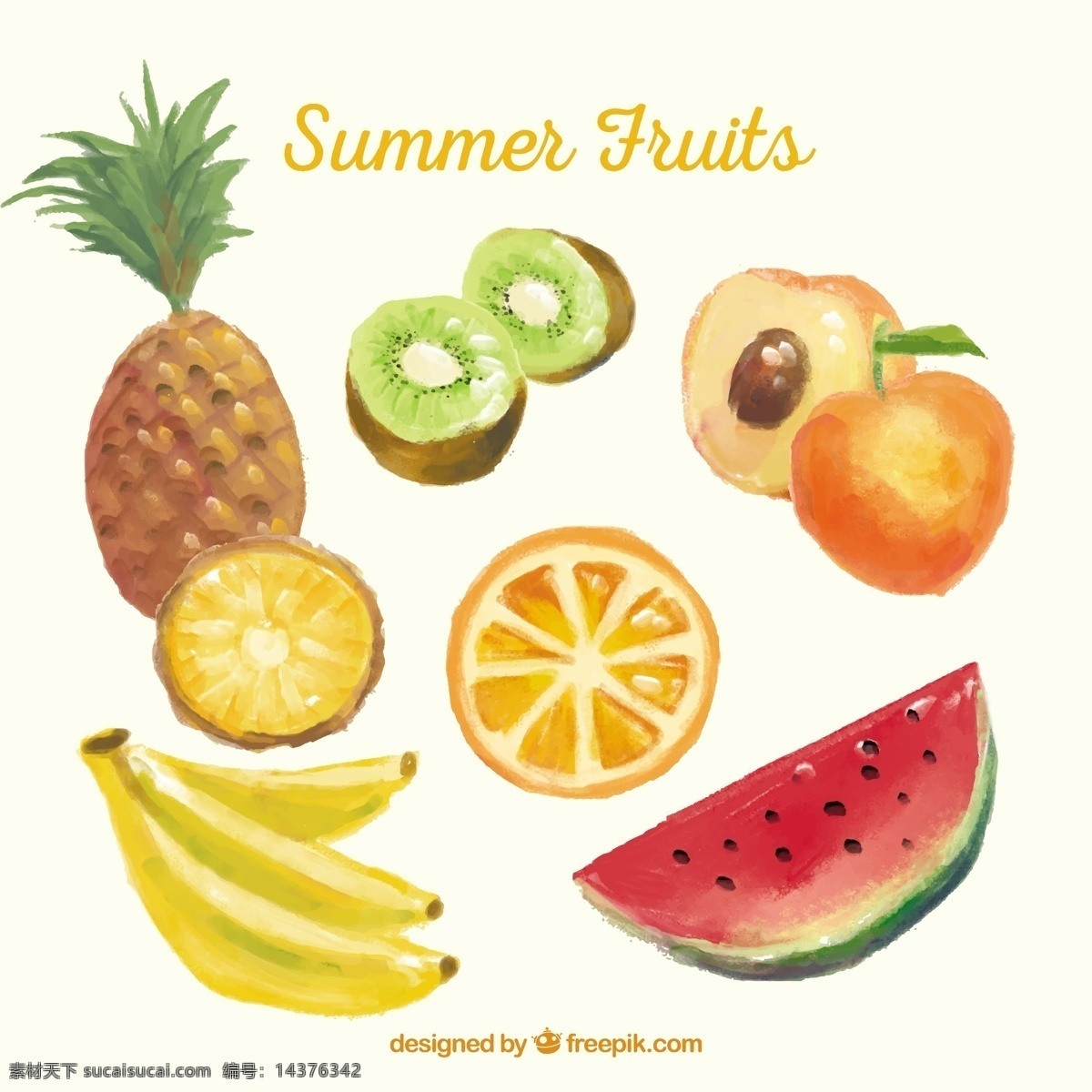 水彩夏季水果 食品 夏季 水彩 手 健康 水果 绘制 橙 香蕉 菠萝 新鲜 西瓜 桃子 抽纱 猕猴桃 手绘 美味