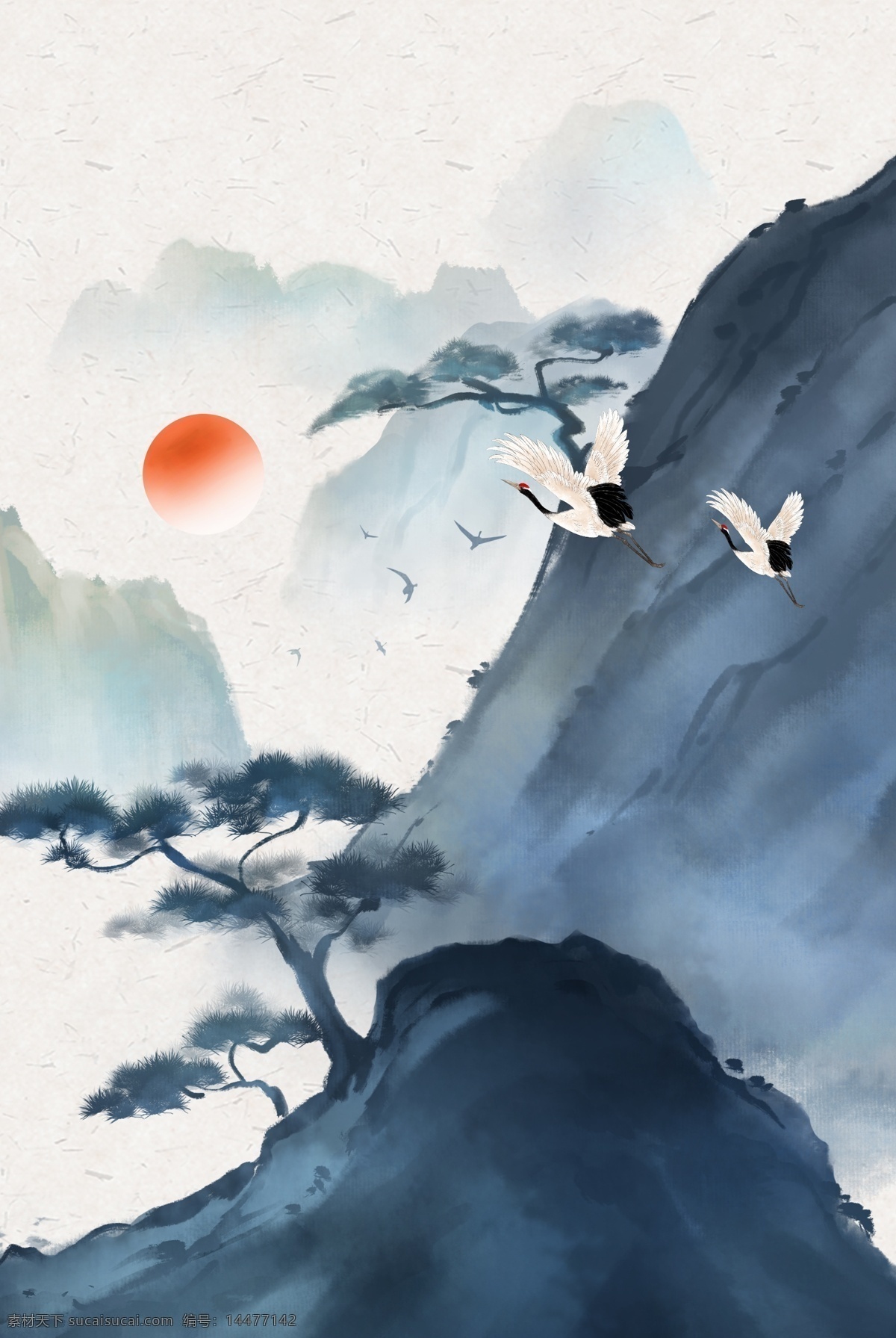 简约 国风 工笔画 山水 仙鹤 背景 图 山 水 手绘 背景图 水墨 雾气缭绕