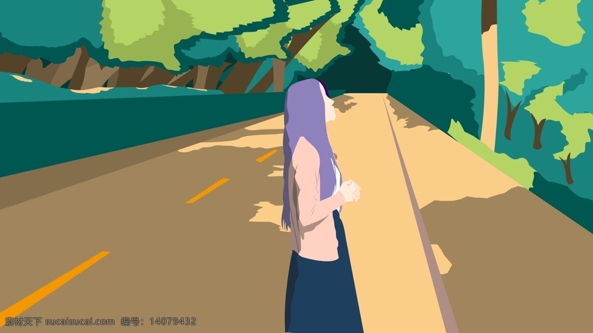 原创 插画 七月 夏天 马路 沿途 风景 女孩 树林 草丛