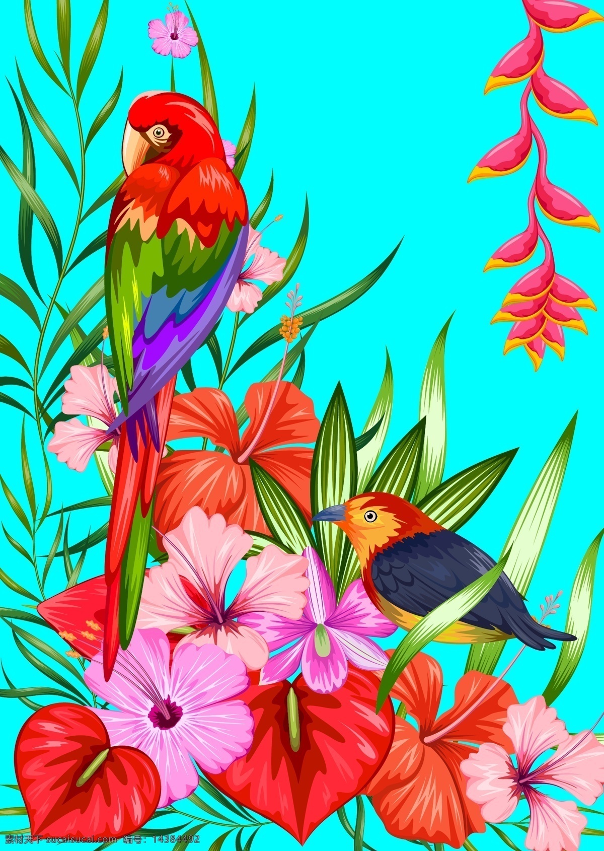花 从中 彩色 小鸟 插画 动物 植物 花朵 艳丽 盛开 花从 彩丽 美丽