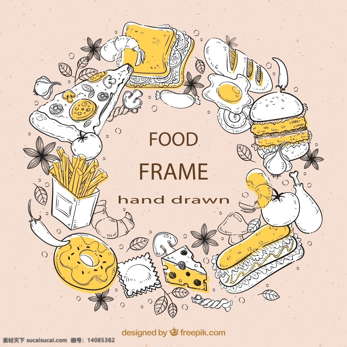 美味 食物 圆形 框架 三明治 虾尾 炸虾 香肠 蘑菇 啤酒 矢量 高清图片