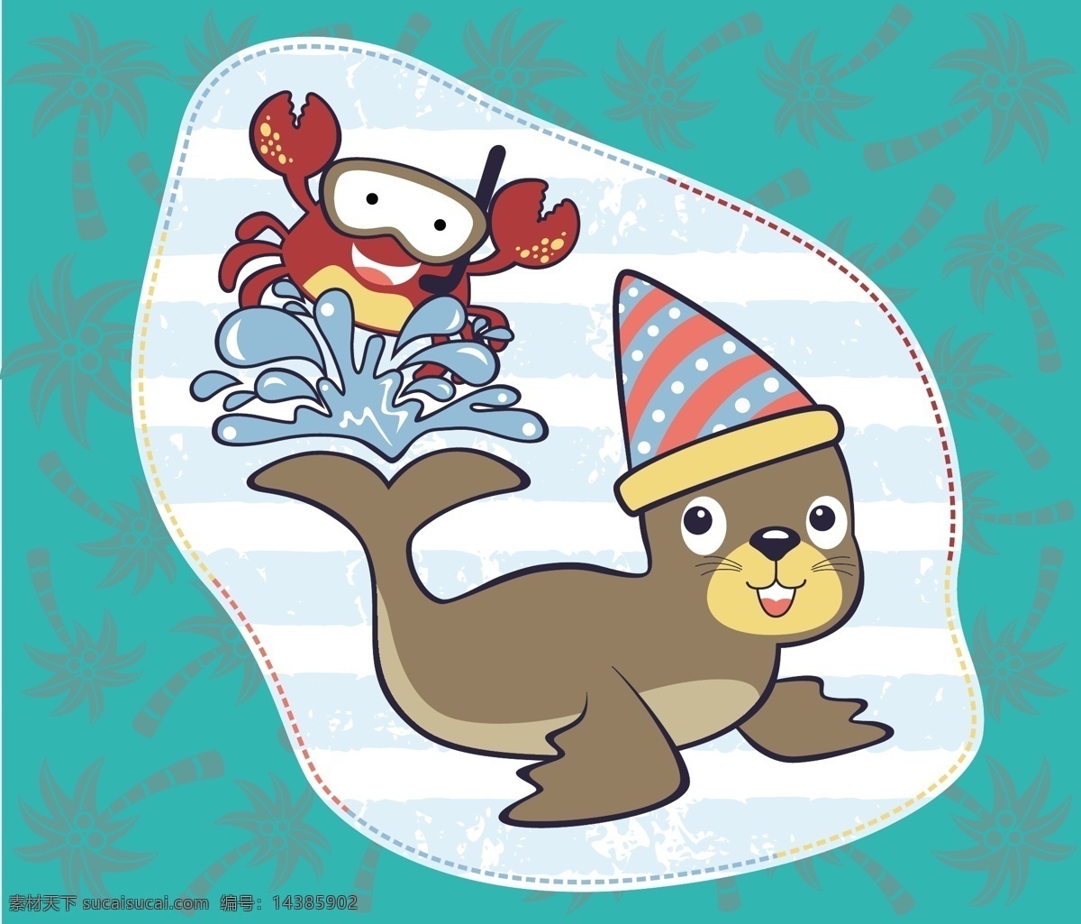 可爱 戴帽子 海狮 儿童 插画 螃蟹 椰子树 浪花 海鲜 儿童插画 装饰图案 彩色帽子