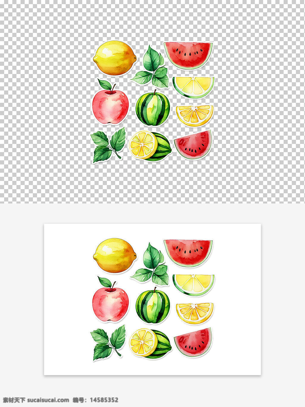 水果 插画 水彩 贴纸 素材 可爱 绘画 柠檬 西瓜 桃子