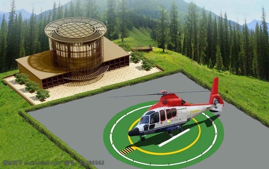 直升机停机坪 直升机 指挥塔 停机坪 效果图 鸟瞰图 景观设计 环境设计