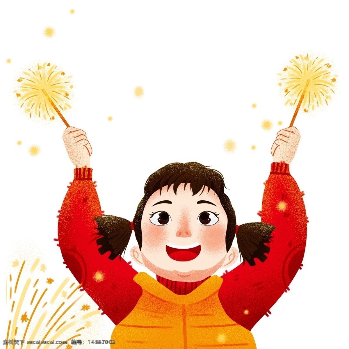 手绘 玩 烟花 女孩 人物 喜庆 插画 可爱 卡通 玩烟花 开心