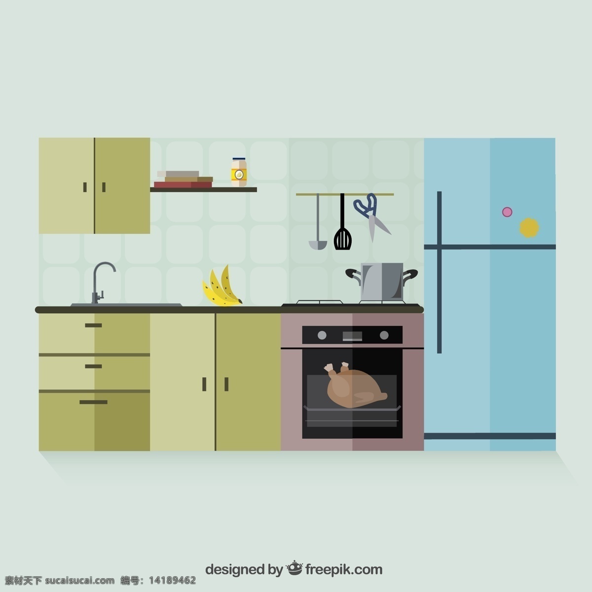 扁平化 厨房 矢量 壁橱 香蕉 烤鸡 烤箱 高清图片