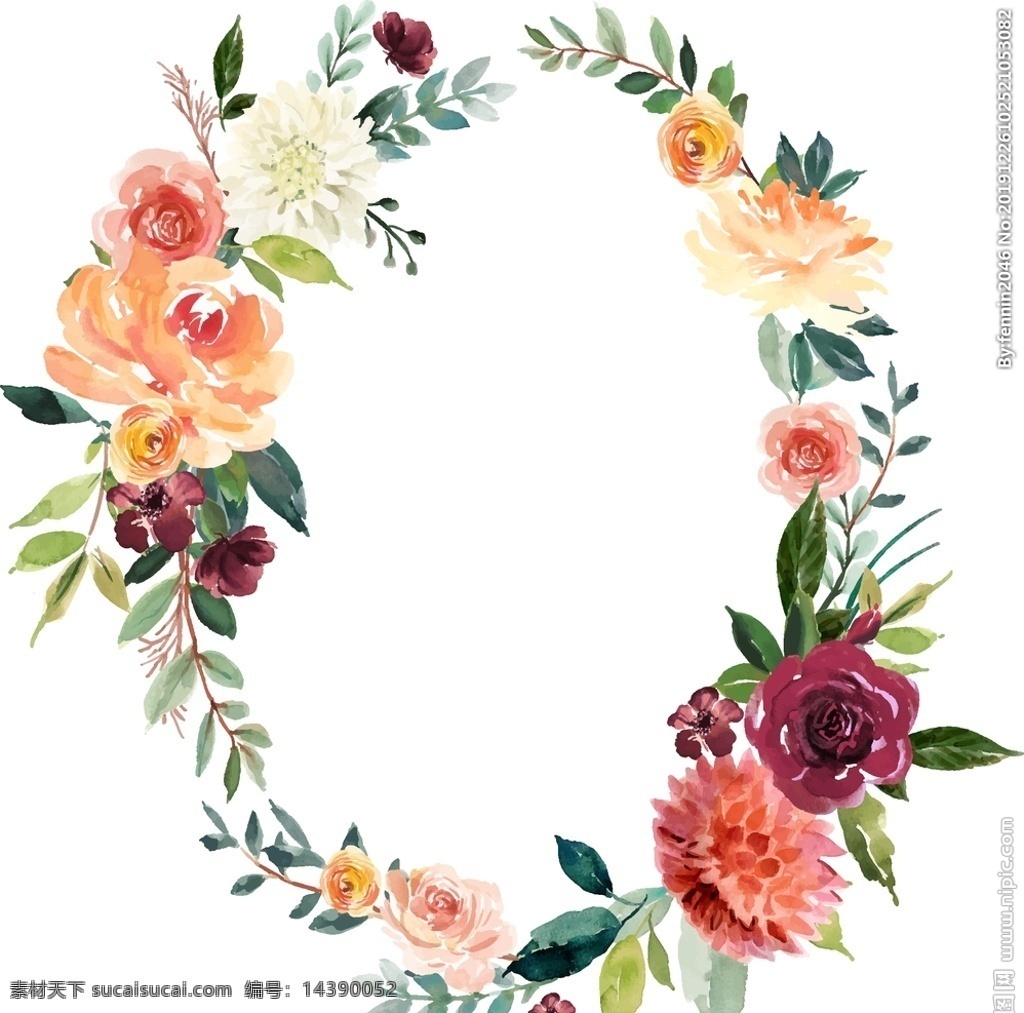 植物 花环 图案 水彩 花朵 创意 小清新 边框 欧式 精美 装饰 花纹 树枝 树叶 底纹边框 花边花纹