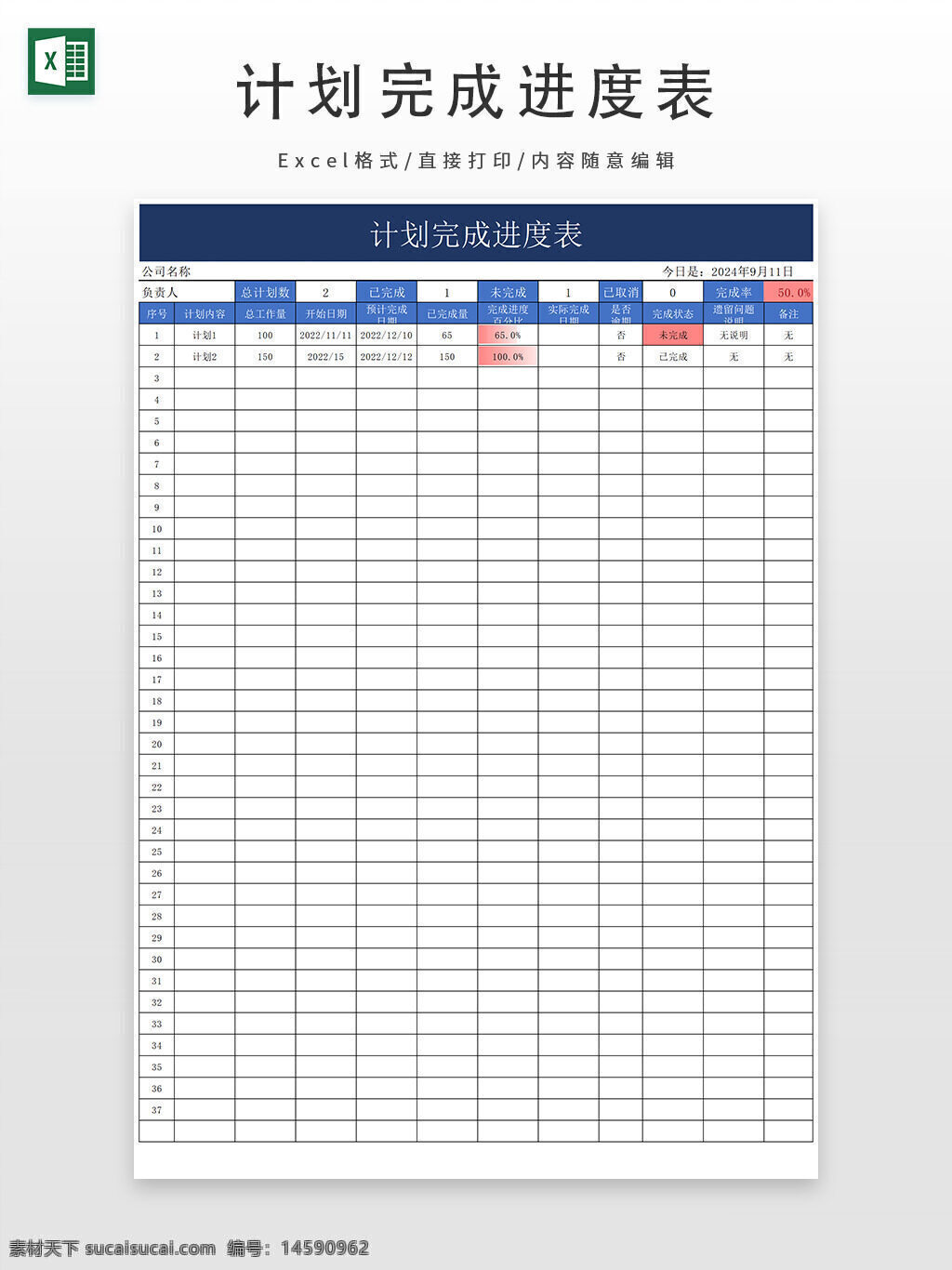 计划 完成进度 表格 公司名称 今天日期 目标数量 开始时间 完成时间 完成率 未完成 已延期 完成情况 未完成率 总工作量 实际完成 实际完成量 时间进度 进度表 进度管理