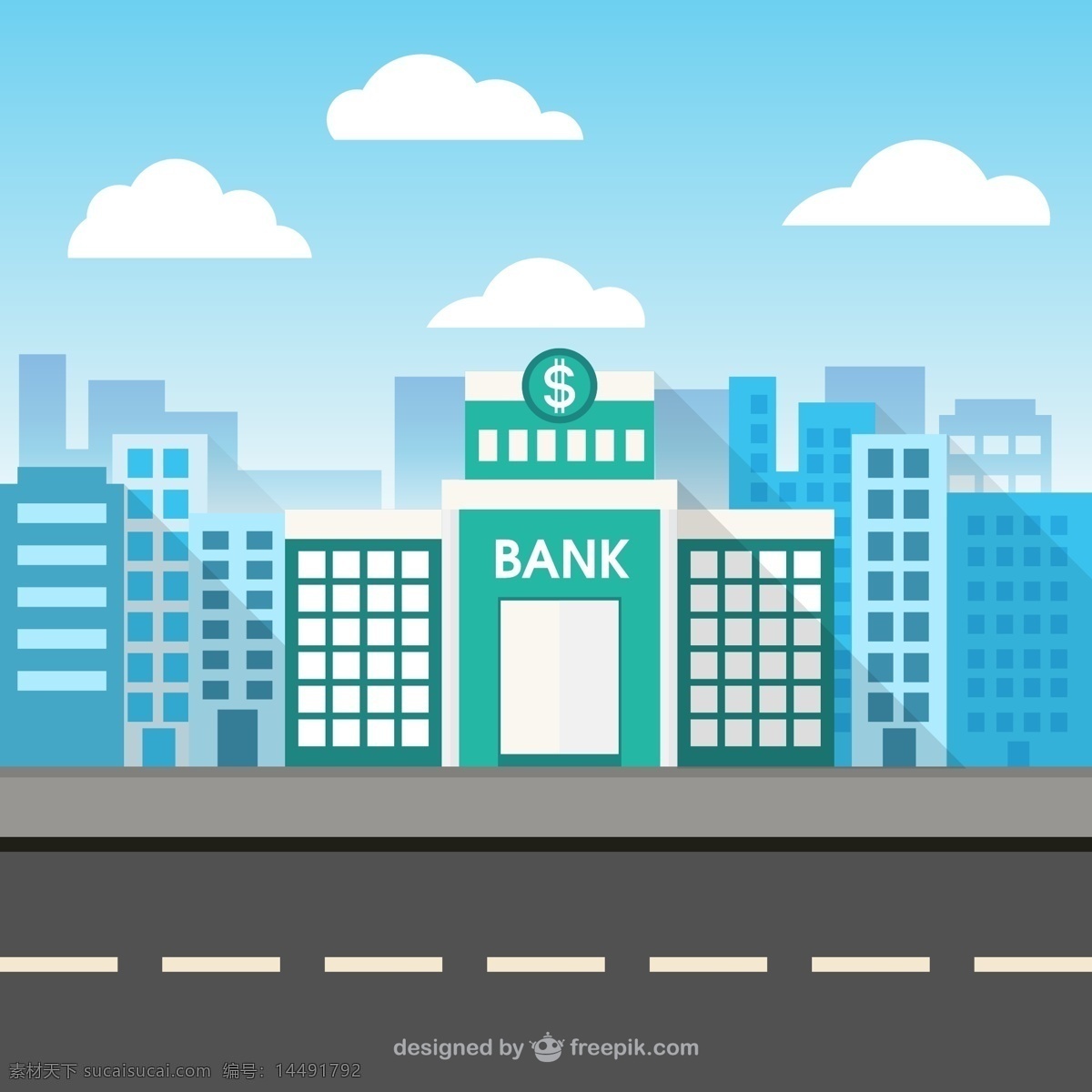 银行建筑矢量 云朵 楼群 城市 建筑 银行 美元符号 青色 天蓝色