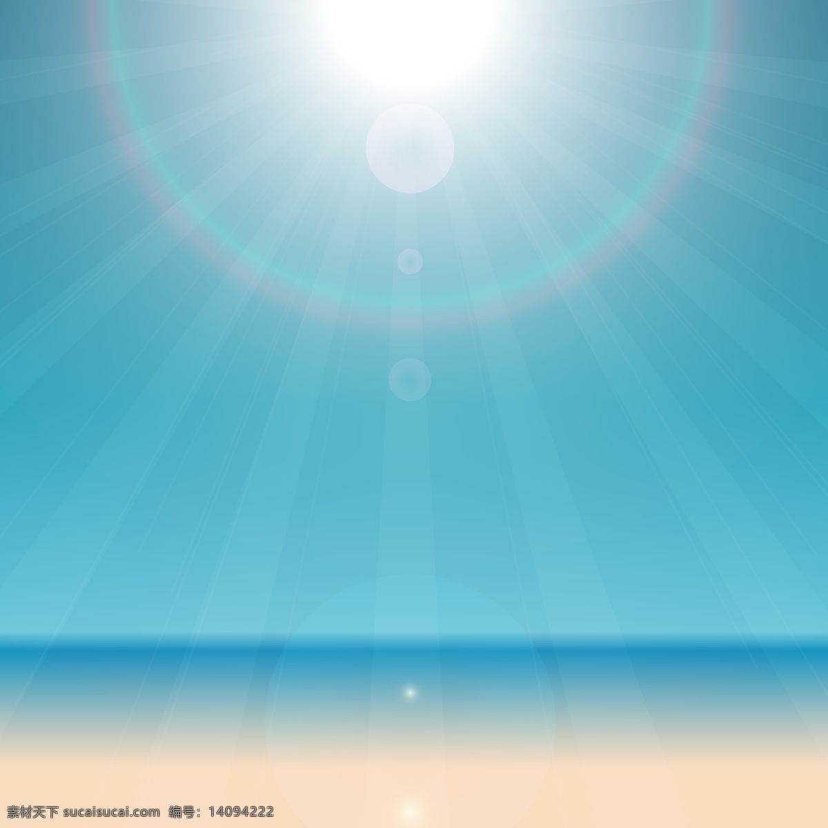 矢量 阳光 灿烂 光芒 背景 蓝色 夏日 海平面 沙滩 海报