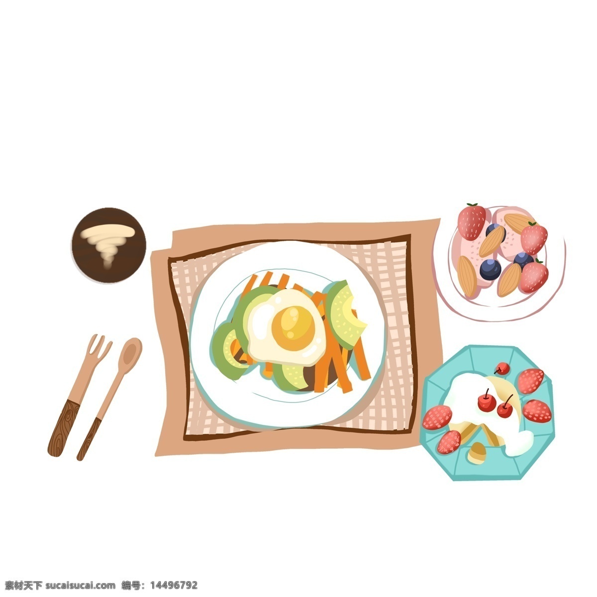 丰富 美味 食品 插画 元素 美食 卡通 早餐 psd设计 手绘 营养美食 荷包蛋 咖啡