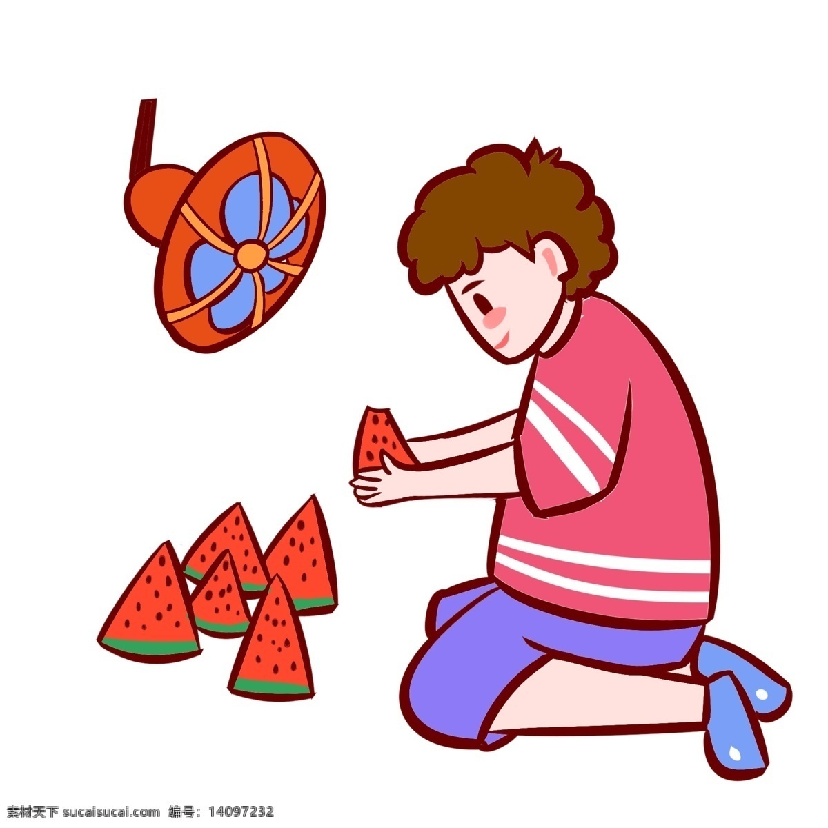 吃 西瓜 解暑 手绘 插画 卡通 风扇 小男孩 清爽 凉爽 夏天 夏季 嬉戏 开心 玩耍 童趣 避暑 降温 小清新