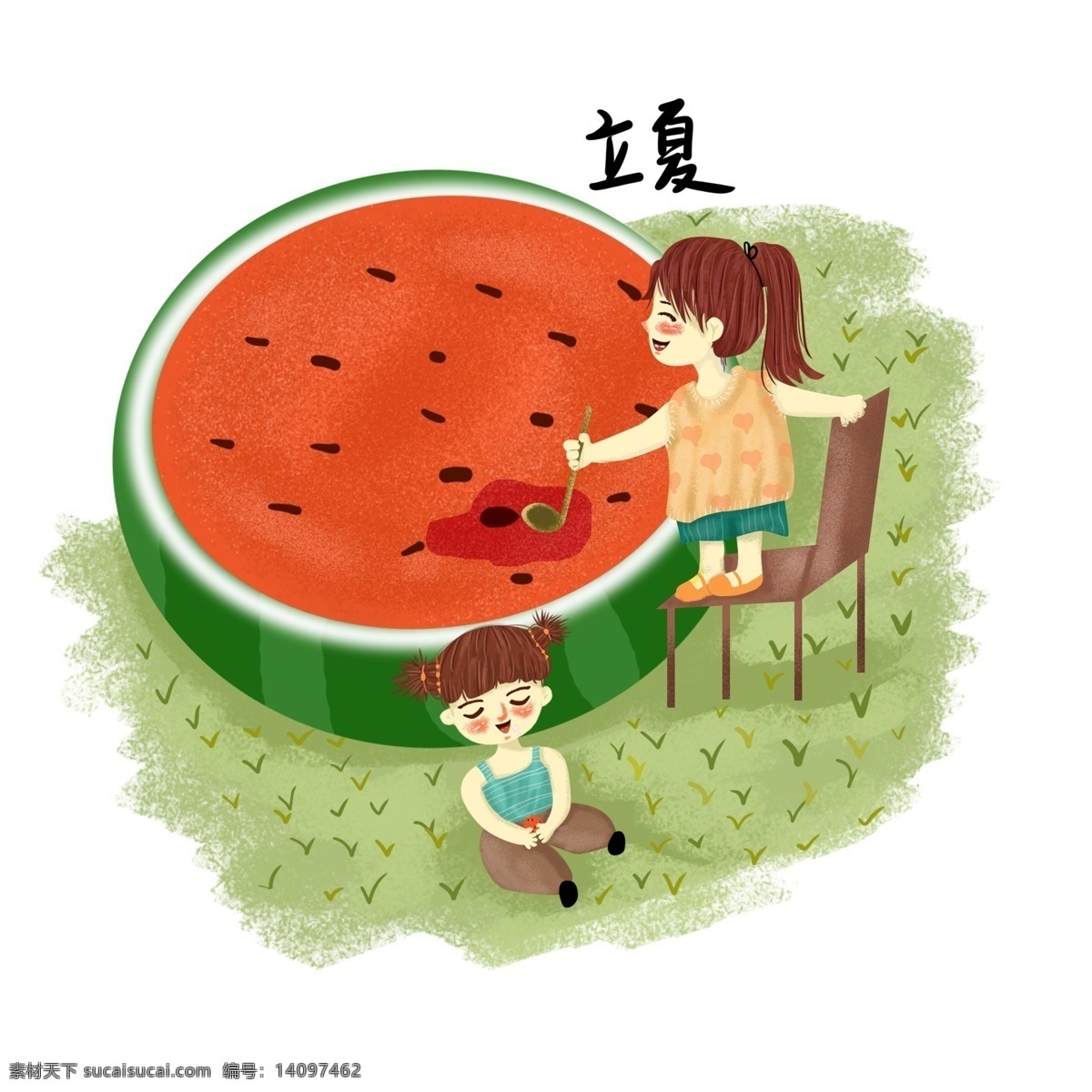 立夏 场景 元素 立夏场景 吃西瓜 小孩 吃 西瓜 立夏场景设计
