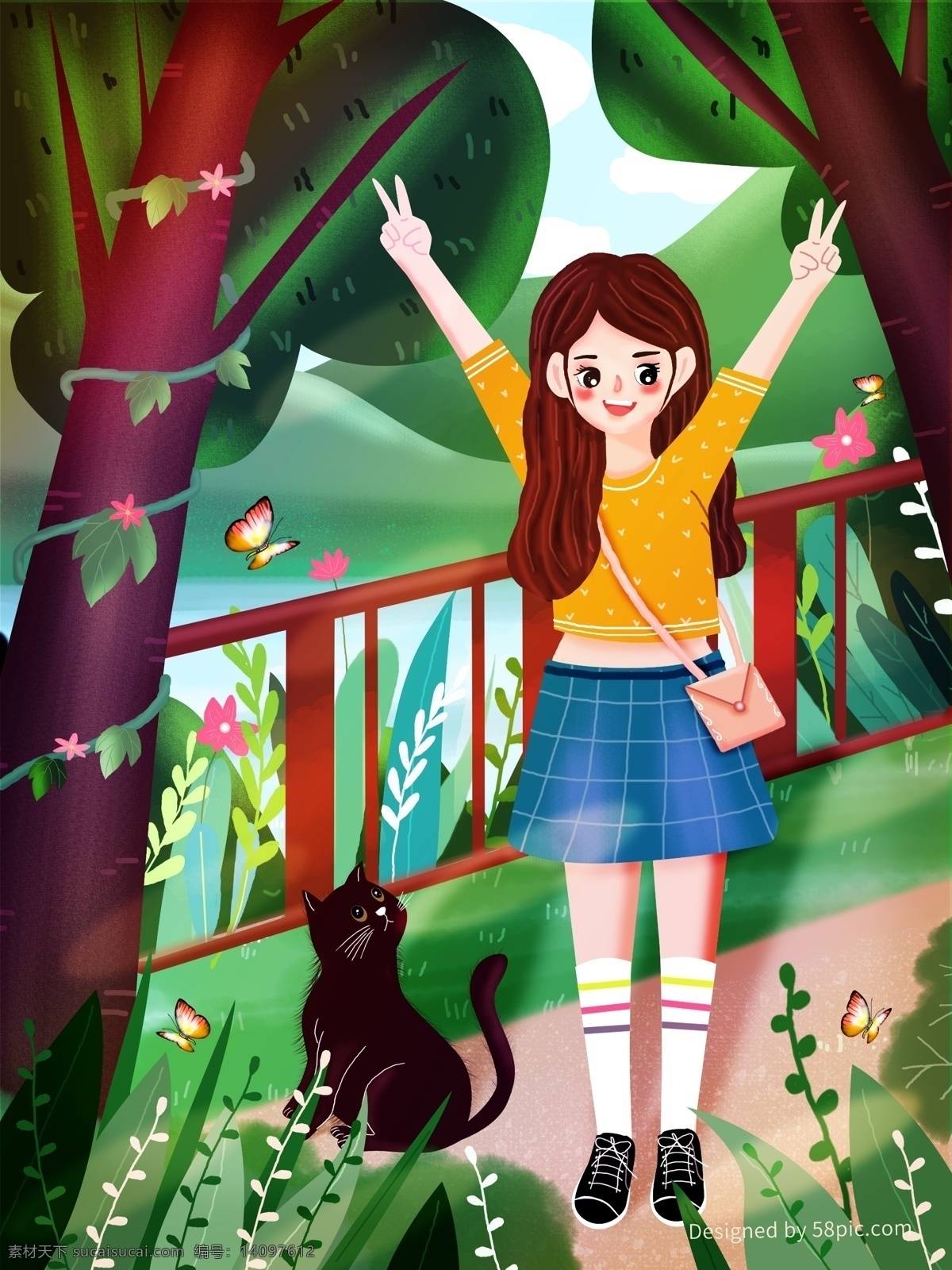 原创 插画 春天 女孩 猫咪 背景 春季 创意 唯美 彩绘 小清新