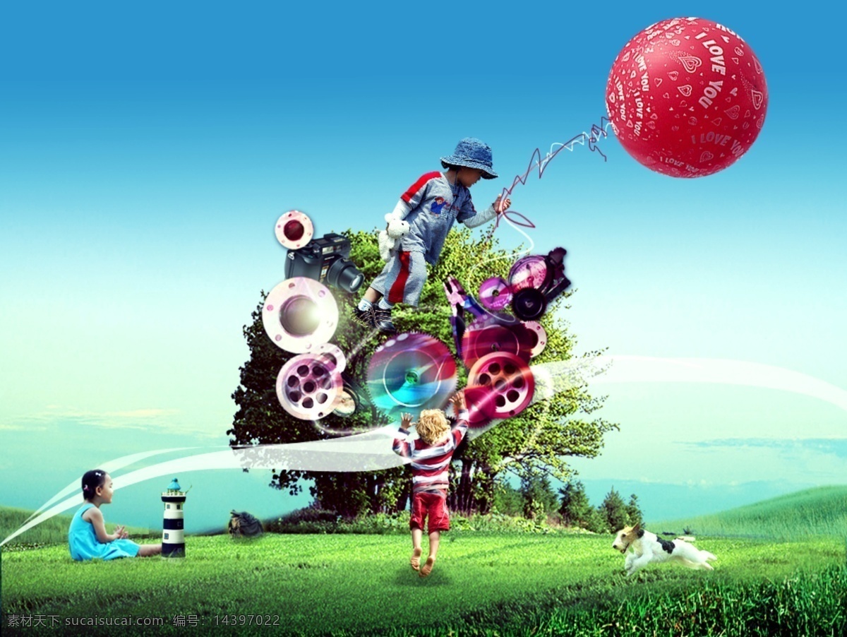 童年 主题 创意 表现 草地 儿童 风光 风景 蓝天 气球 树林 psd源文件