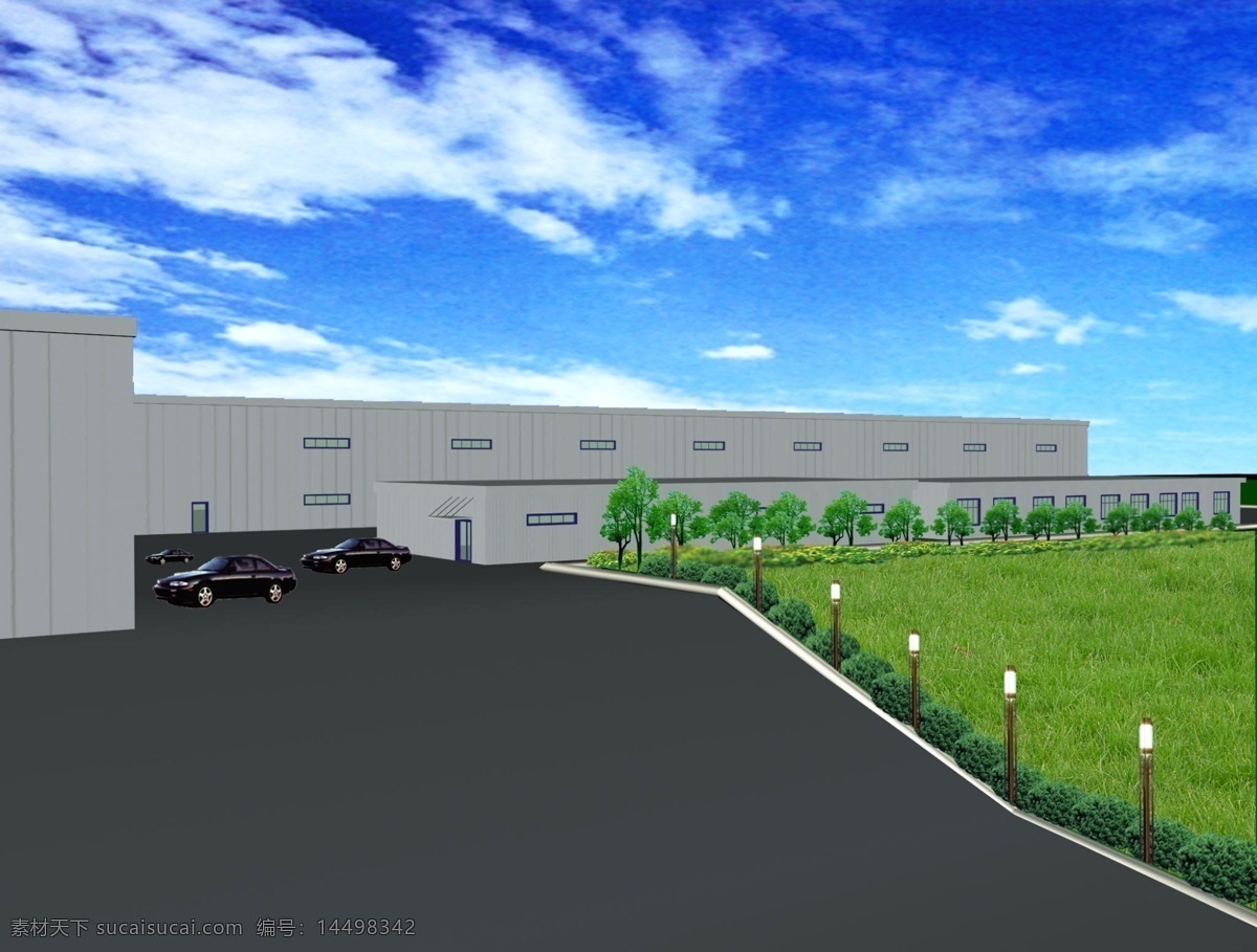 办公楼 效果 3d设计模型 草地 厂区 车子 灯 蓝天白云 室外模型 树木 办公楼效果 源文件库 装饰素材 灯饰素材
